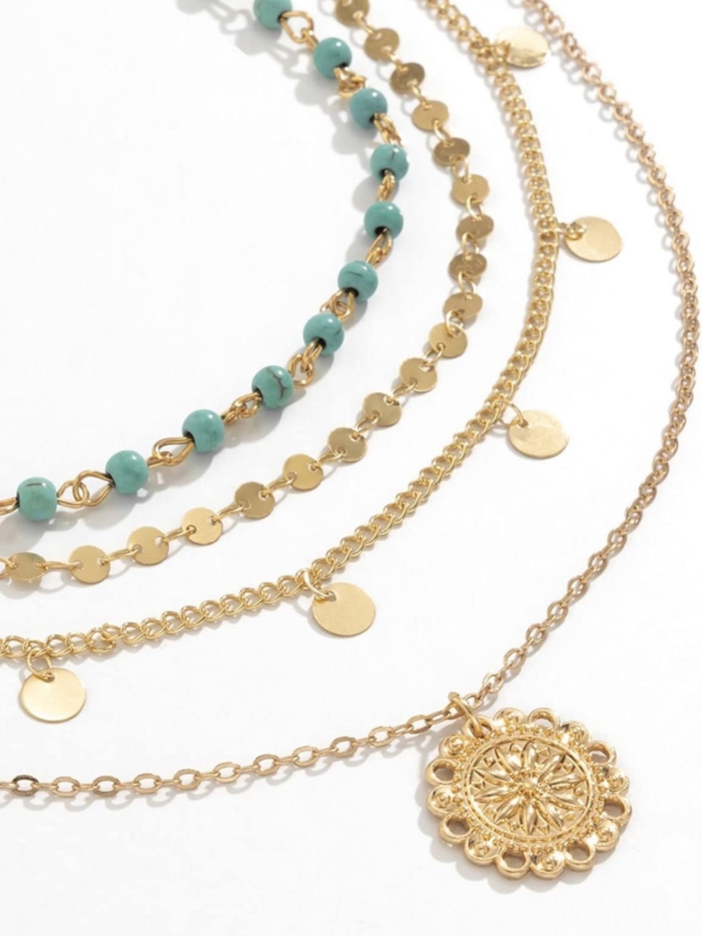 Anthropologie Gold Layered Coin Necklace with Turquoise Beads - Picture 2 of 6